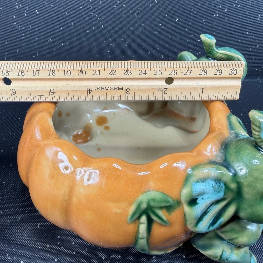 Vintage Majolica Style Elephant Pumpkin Ceramic Planter Green Orange Dish Bowl